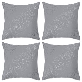 Betadistor Set of 4 Cushion Covers 45x45cm Silver Leaves Modern Couch Sofa Decorative Throw Pillow Covers Pillow Cases Cushion Home Decor Square, Silver Grey, 503-0067