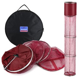 MATUFF Portable Foldable Fish Basket, Fishing Net Cage for Live Fish, Metal Rustproof Ring Drop Net with Anchor Bolt Robust for Saltwater Freshwater Pier Fishing Baskets Net, 13 in x 6.5 FT Burgundy