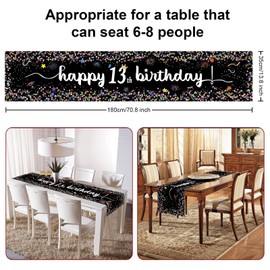 13th Birthday Table Runner, Black Decoration, 13th Birthday Boy Happy Birthday Tablecloth, Table Decoration for Children, Girls, Boys, 13th Birthday Party Decoration, 180 x 35 cm