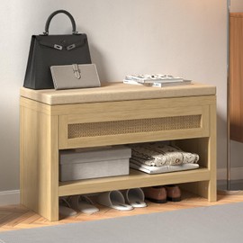 Apicizon Rattan Shoe Storage Bench Whith Cushion, Thickened Wood Entryway Bench with Storage Drawer, Farmhouse Shoe Rack Bench with Shelves for Entrance, Living Room, Hallway, Natural