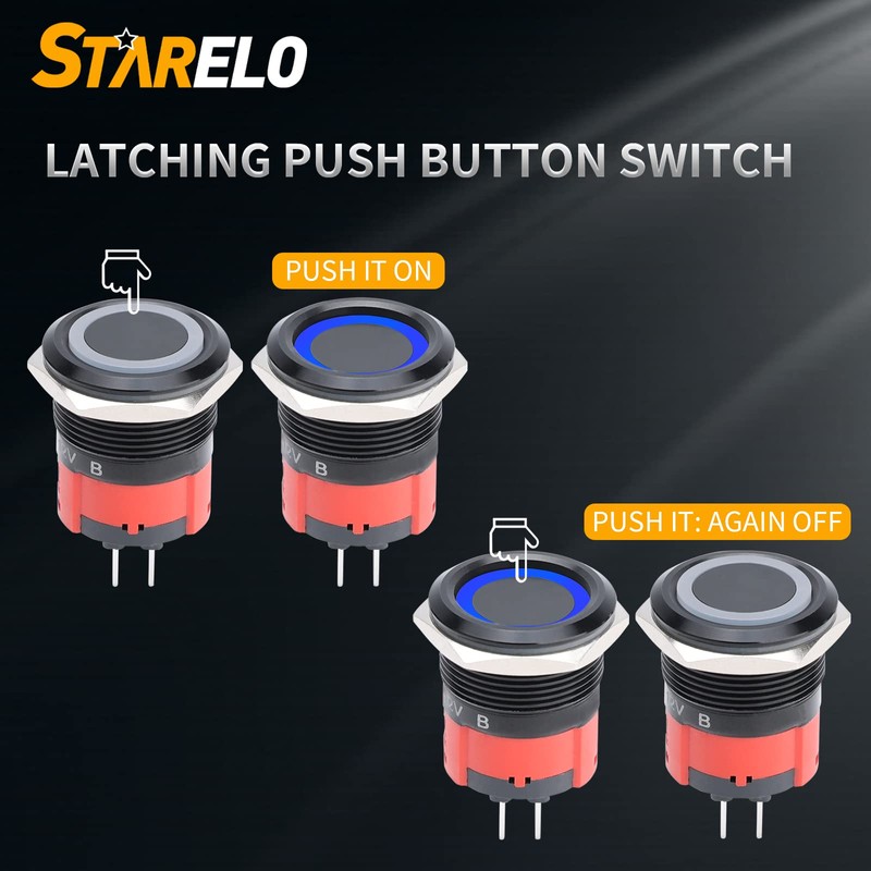STARELO 10Amp 22MM 7/8'' Latching Push Button Switch 12V 1NO