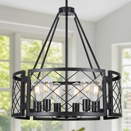Sigaitwei 6-Light Farmhouse Chandelier Rustic Black Chandelier for Dining Room,Adjustable Pendant Light,Drum Chandelier for Kitchen Island Entryway Bedroom Hallway,21.7'',E26.