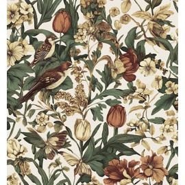 Erfoni 17.3" x 394" Birds Floral Peel and Stick Wallpaper Vintage Contact Paper for Livingroom Boho Floral and Leaf Self Adhesive Wall Paper Retro DIY Removable Wallpaper Vinyl Roll Beige