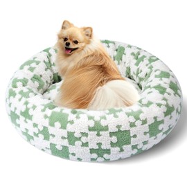 Maansfy Calming Dog Bed for Small Medium Dogs, Donut Cat Bed, Warming Round Cushion for Indoor Cats - Cozy Soft, Washable & Anti-Slip, 23 Inches (Green Puzzle)