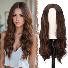 FESHFEN Long Curly Brown Mixed Brown Wig, 60 cm Middle Parting Women Wigs Natural Synthetic Wigs Women's Curls Wavy Wig for Party Daily Long Wavy Wig