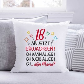 GRAVURZEILE Cushion with Saying - Ab jetzt erwachsen 18 - Funny Gifts for Fullness as Decorative Decoration - Gift for Boys & Girls for Birthday - Size with Filling