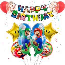 Super Bros Birthday Party Decorations for Boys Girls- Super Brother Birthday Decoration Foil Balloons Happy Birthday Banner Party Latex Balloons for Mari Theme Party Supplies Decorations