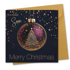 Christmas Card for Son. Bauble Design. Eco-friendly & UK Made. Verse Inside. 148x148mm card size.