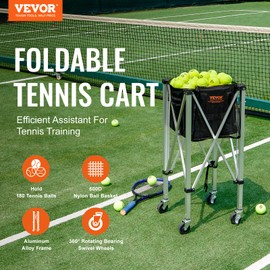 VEVOR Foldable Tennis Ball Hopper, Holds 180 Tennis Balls, Lightweight Aluminum Alloy Tennis Ball Basket Cart with Wheels, Removable Bag,Carry Bag, Portable Sports Teaching Cart for Tennis Player