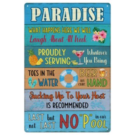 Pool Paradise Tin Sign Swimming Pool Rules Durable Metal Signs Vintage Hanging Plaque Decorative for Beach Home Bar Pool Deck Backyard Fence Wall Decor 12X8 Inch Blue Tropical Style Wood Grain