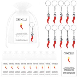 10 Set Italian Red Horn Keychain Gift Chili Pepper Charm Italy Collection Horn with Silver Chain Protection Amulet Cards Gift Bag for Rear View Mirror Italian Car Accessories