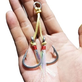 Feianoto 4 Pairs Fishing Double Barbed Jig Hook Kevlar Line 6X Extra Strong Strength Slow Fast Jigging Assist Saltwater Hooks Jigs Lure Circle Hook (8/0)