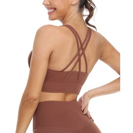 icyzone Women's Sports Bra Strong Hold Padded Training Yoga Top Fitness Gym Bra, Copper Brown