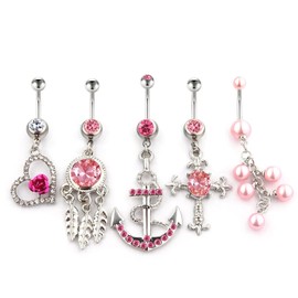 Pack of 5 Pink Belly button piercing Set with Rhinestone by Vcmart
