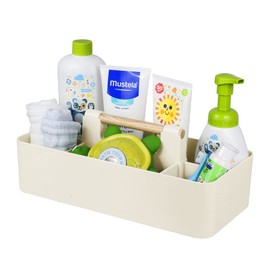 Baby Shower Caddy Plastic Nursery Portable Storage Organizer Caddy Tote for Child/Kids, Divided Basket Bin with Wood Handle for Bathroom, Dorm Room, Holds Hand Soap, Bottles, Spoons (Beige)