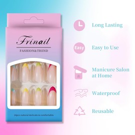 Frinail Press on Nails, 24PCS French Tip Press on Nails, Almond Medium Fake Acrylic Nails Press ons, 12 Sizes False Nails Stick on Nails for Finger Manicure, French Multicolor Almond