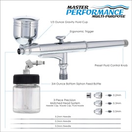 Master Airbrush SB844 Pro Set Dual-Action Side Bowl Feed Airbrush with 3 Nozzle Sets (0.2, 0.3 & 0.5mm Needles, Fluid Tips and Air Caps), Gravity Cup, Siphon Suction Feed Bottle Kit - Auto, Art, Hobby