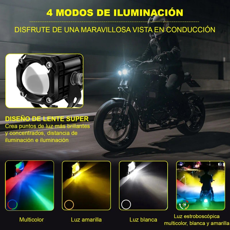 2 Faros Luces Led Auxiliares 4 Modos Lupa Para Moto