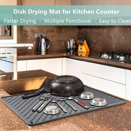 Dish Drying Mat, Silicone Dish Drying Mat for Kitchen Counter, Dish Drainboard Mat with Built-in Drain, Non-silp, Heat Resistant, Dishwasher Safe (Gray, 14.6"x10.3")