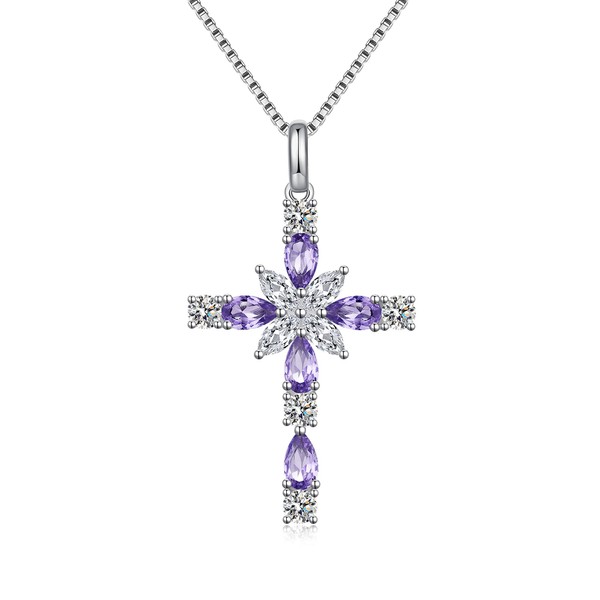 JiaYang Sterling Silver Cross Necklace for Women, 12 Birth Stone