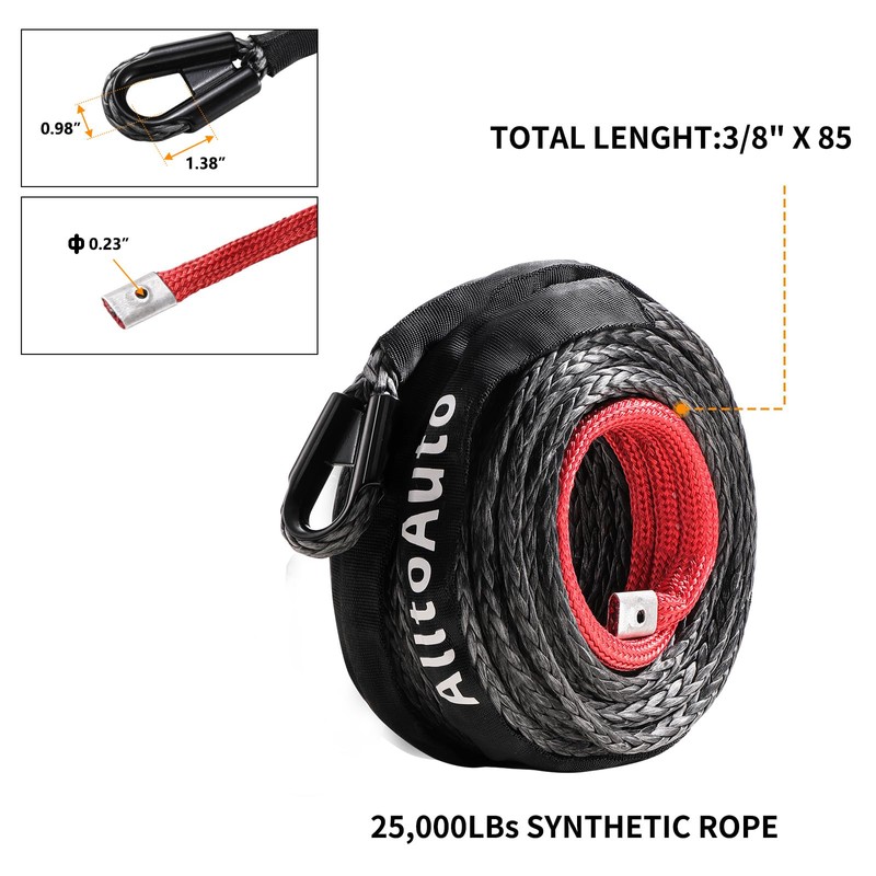 AlltoAuto Synthetic Winch Rope, 3/8" x 85'-25000 LBs Dyneema Synthetic