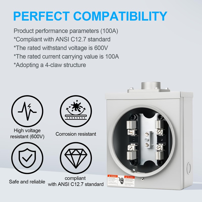 100 Amp Meter Socket, 4 Jaw Meter Base, 600V 3