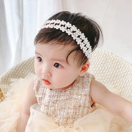 ICKEYOU Baby Girls Hairband White Bow Lace Headbands Handmade Soft Stretchy Wide Head Band Newborn Hairbands with Bows Pearls Elastic Headband for Infant Hair Accessories(Flower Pearl Headband)
