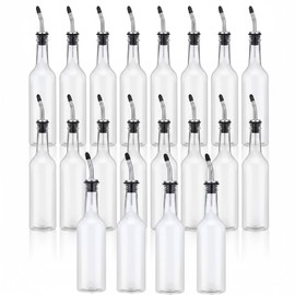 Jingmore 20 Set 15 oz Plastic Long Neck Bottles with Pourer and Caps Empty Clear Juice Liquor Pour Bottles with Stainless Steel Pourer Tapered Spout for Drinks Bar Juice Pour