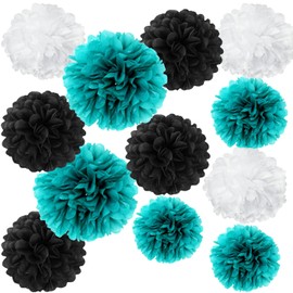 12PCS Teal Turquoise Aqua Black Party Streamers Paper Flower Pom Poms - Cool Dude Birthday Party Decorations Backdrop Breakfast Blue Teen Boys Party Mustache Baby Shower Wedding Décor