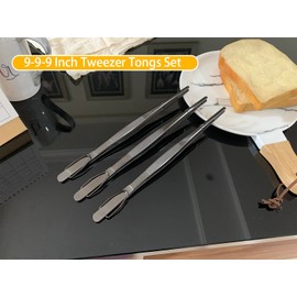 JETKONG 9-Inch Serving Tweezer Tongs Kitchen Tweezers Stainless Steel Cooking Tweezers, Set of 3 (9 9 9 Inch, Black)