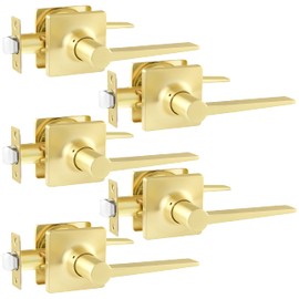 Heittis 5 Pack Keyless Door Handle Set Passage Door Lever for Hall and Closet, Non-Locking Door Lever Satin Brass Finish