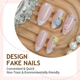 24Pcs White French Press on Nails Short Almond Nail Tips Nude Fake Nails Press ons Glossy False Nails Acrylic Nail Art Kit 3D Flower Rhinestone Design Full Cover Glue on Nails for Ma'am