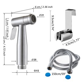 Bidet Sprayer for Toilet, Stainless Steel & Leakproof Handheld Bidet Toilet Sprayer Set with 59 inch Hose and Hook, Easy Install, Pressure for Bathing Pets, Personal Hygiene (Sliver)