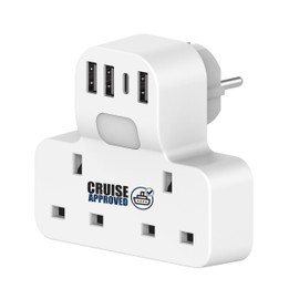 P&O, Marella, MSC Cruise Approved 7-in-1 Travel Adapter UK to EU - Non Surge for Cruise Ships - 4 USB Ports and Night Light - Works on P&O, Marella, Carnival, Princess, Norwegian, MSC & More