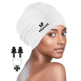 Large Swim Cap for Women Men Adults, Silicone Swimming Cap for Long Hair, Braids, Dreadlocks & Afros, Waterproof Swim Hats Bathing Caps to Keep Hair Dry-White