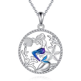 YFN Mermaid Necklace Blue Mermaid Starfish Pendant Necklace 925 Sterling Silver with Dropper Pendant Necklace Jewellery Gifts for Women Girls Sterling Silver, No Gemstone, Sterling Silver, No Gemstone