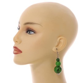 Chunky Wood Bead Cord Necklace and Earring Set with Animal Print in Green/ 76cm L