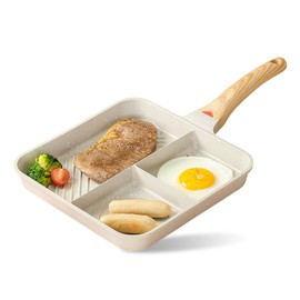 Unoschrim Nonstick Divided Grill Pan, 3-in-1 Egg Pan, Aluminium Square Big Grill Skillet with Bakelite Handle, Versatile Breakfast Grill Pan for Cooking Egg, Steak and Bacon, Induction Compatible