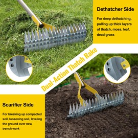 2 in 1 Rake: Stainless Steel Garden Rake for Leaves,Thatch,55” Heavy Duty 19 Tines Lawn Manual Dethatcher with Adjustable Head,Thatching Rakes for Lawn Yard Grass, Debris Removal, Soil Loosening