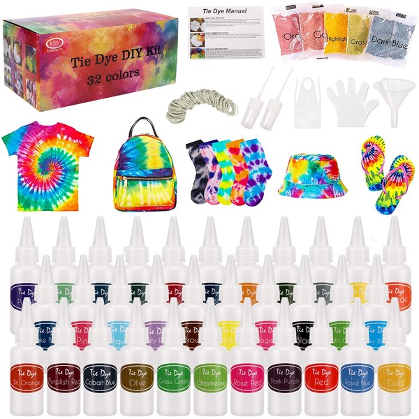 TopDirect 205Pcs Tie Dye Kits, 32 Colors Ink Permanent Tie Dye Set for Dyeing Fabric, Clothes with Pigments, Rubber Bands, Gloves, DIY Creative Art and Craft Graffiti Dye Kit for Kids Adults