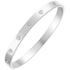 HIQUACC Women's Stainless Steel Bracelet 18K Gold Plated Bracelet Crystal Cubic Zirconia Bracelet Titanium Steel Bangle (11380 Heart Silver)