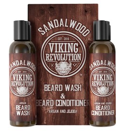 Viking Revolution Viking Revolution Beard Wash & Beard Conditioner Set w/Argan & Jojoba Oils - Softens & Strengthens - Natural Beard Shampoo w/Beard Oil Sandalwood (5oz)