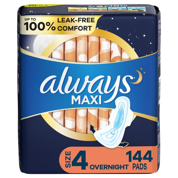 Always Maxi Feminine Pads For Women, Size 4 Overnight Absorbency, Multipack, With Wings, Unscented, 48 Count x 3 Packs (144 Count total)