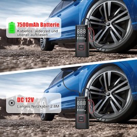 Akku Luftpumpe, 7500mAh Tragbarer Elektrische Luftpumpe, Akku Fahrradpumpe Akku Kompressor mit Digitale LCD-Bildschirm und Notbeleuchtung für Auto, Motorrad, Fahrrad, Bälle und Schwimmringe