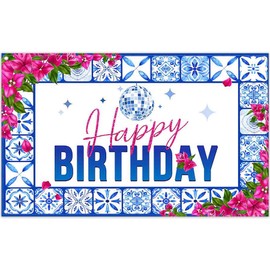 Monalivest 72x43inch Happy Birthday Backdrop Blue and White Porcelain Watercolor Artistic Pattern Floral Light Ball Photography Background Adult Party Decorations Photo Props