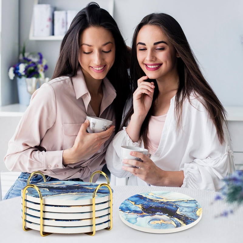 Topdea Drink Coasters with Holder(Set of 6), Navy Blue Marble
