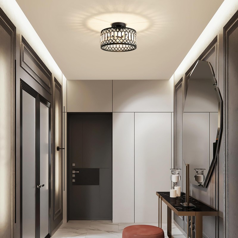 Pevfah Crystal Black Ceiling Light, Modern Semi Flush Mount Ceiling