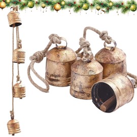 Handcrafted 4 Hanging Bell Cluster Wind Chimes for Outdoors - Shabby Chic Country Style Harmony Bell Rustic Christmas Bell Brass Finish