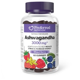 Preferred Nutrition® Ashwagandha 3000 mg 60 Gummies Mixed Berry, Gelatin-Free, Vegan, Adaptogen to Help Reduce Stress and Increase Energy, Proudly Canadian