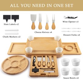 Zulay Kitchen Deluxe Bamboo Cheese Board Set - Extra Thick Bamboo Charcuterie Board Set with 4 Piece Knife Set - Wooden Cheese Board is Perfect for Charcuterie, Wine and Cheese - Luxe